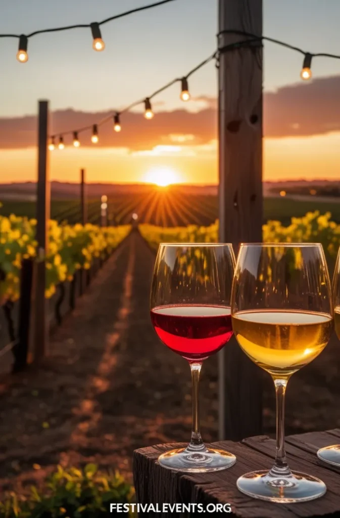 Maryland Wine Festival Frederick MD - Sunset vineyard view with premium wine tasting setup and ambient lighting at premier wine event