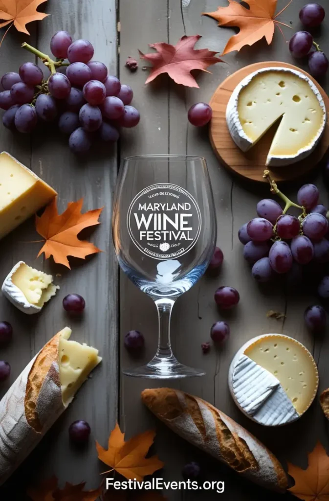 Maryland Wine Festival commemorative wine glass with local Frederick MD wine tasting and food pairing experience display