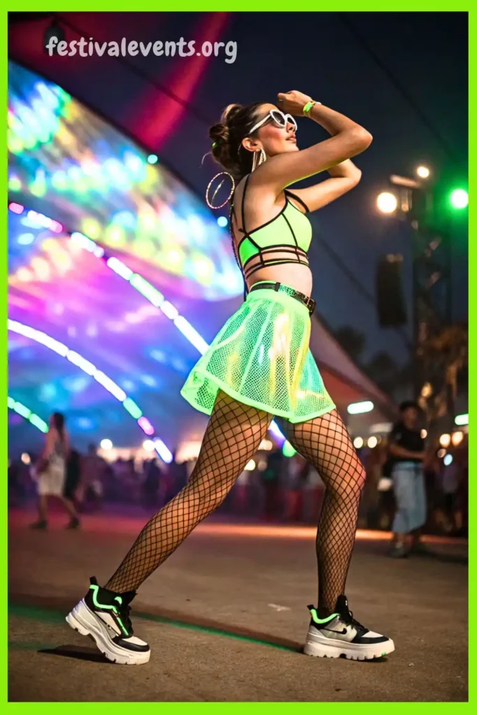 Neon Goddess Rave Outfit with Holographic Skirt