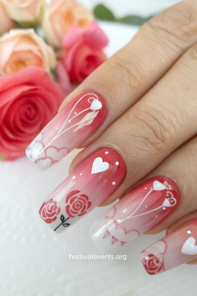 Artistic Valentine's Day nail design - watercolor heart manicure, romantic pink red floating hearts