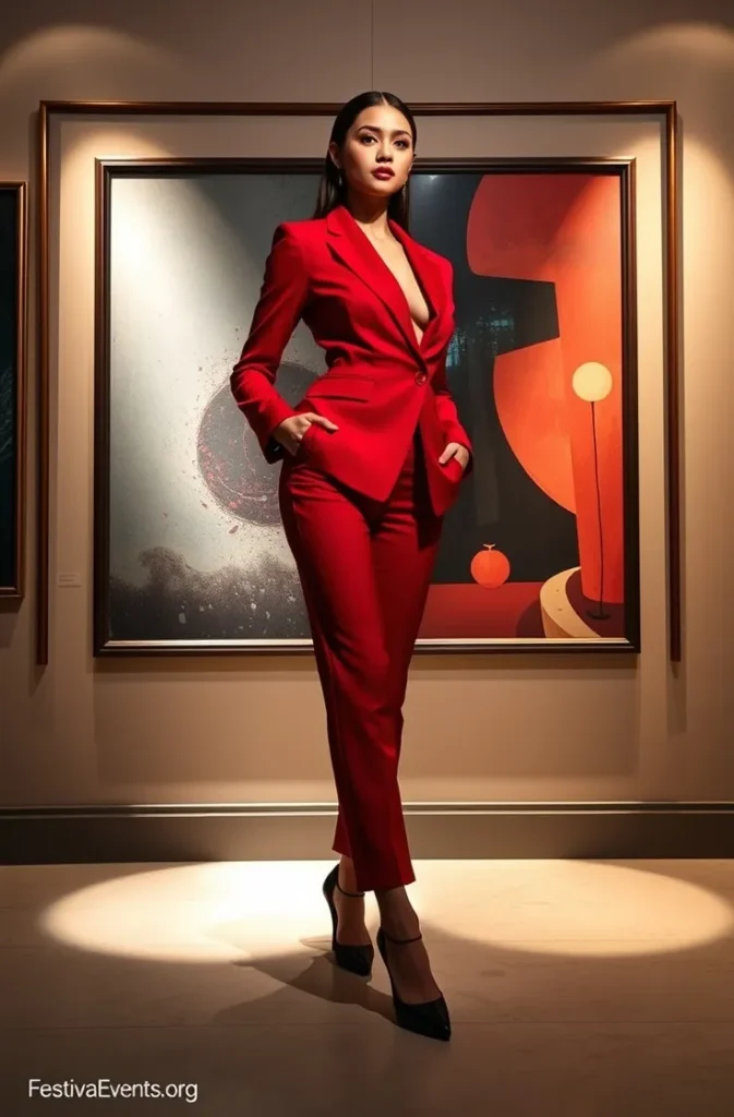 Bold red power suit Valentine's outfit with black stilettos