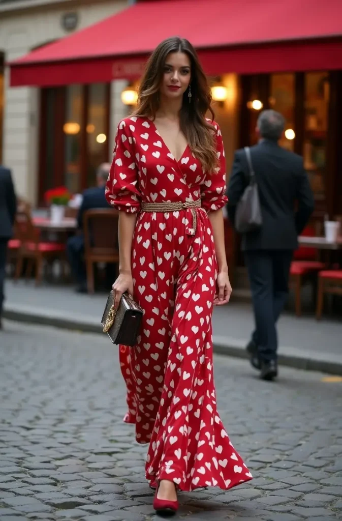 Chic heart-pattern wrap dress for Valentine's day, Parisian street style