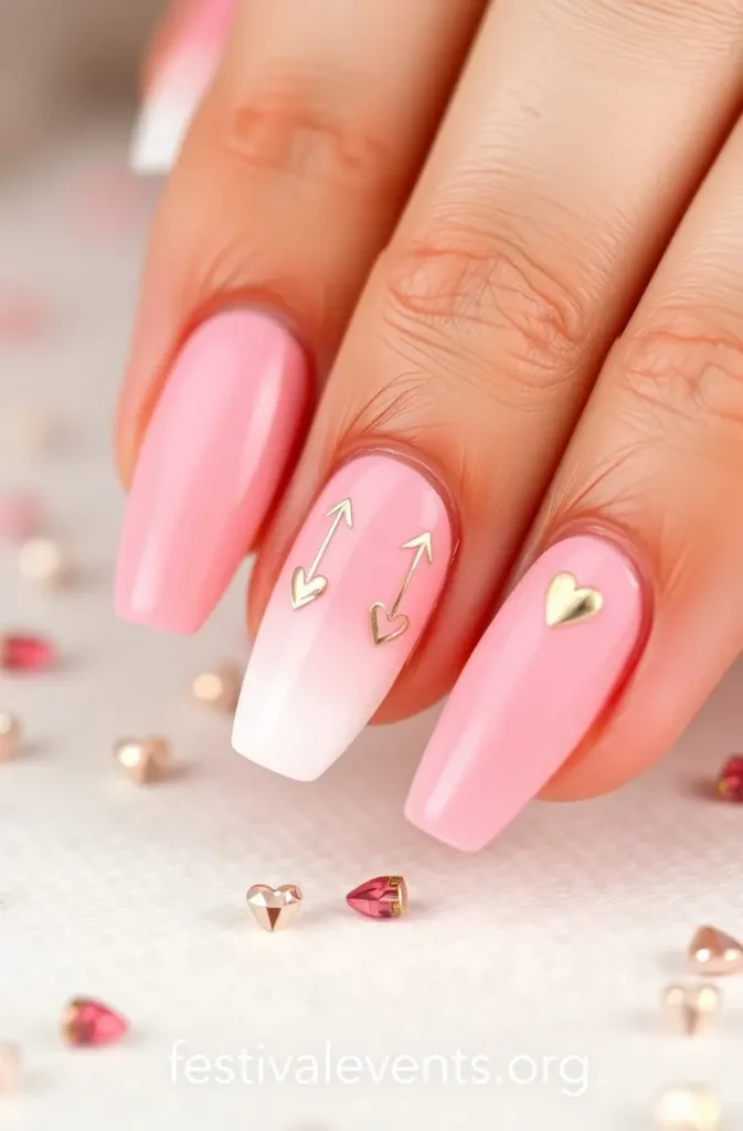 Creative Valentine's Day nail art - Cupid's arrow design, pink white gold heart nail ideas for romance