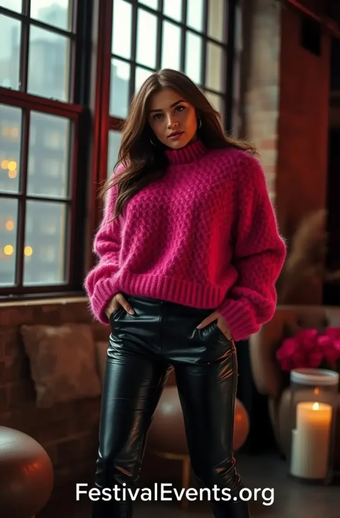 Edgy Valentine's outfit with leather pants and pink sweater