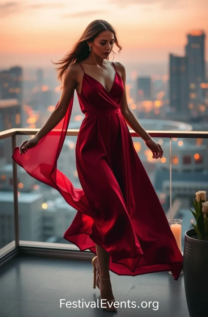 Elegant crimson silk midi dress with gold accessories perfect for Valentine's dinner date