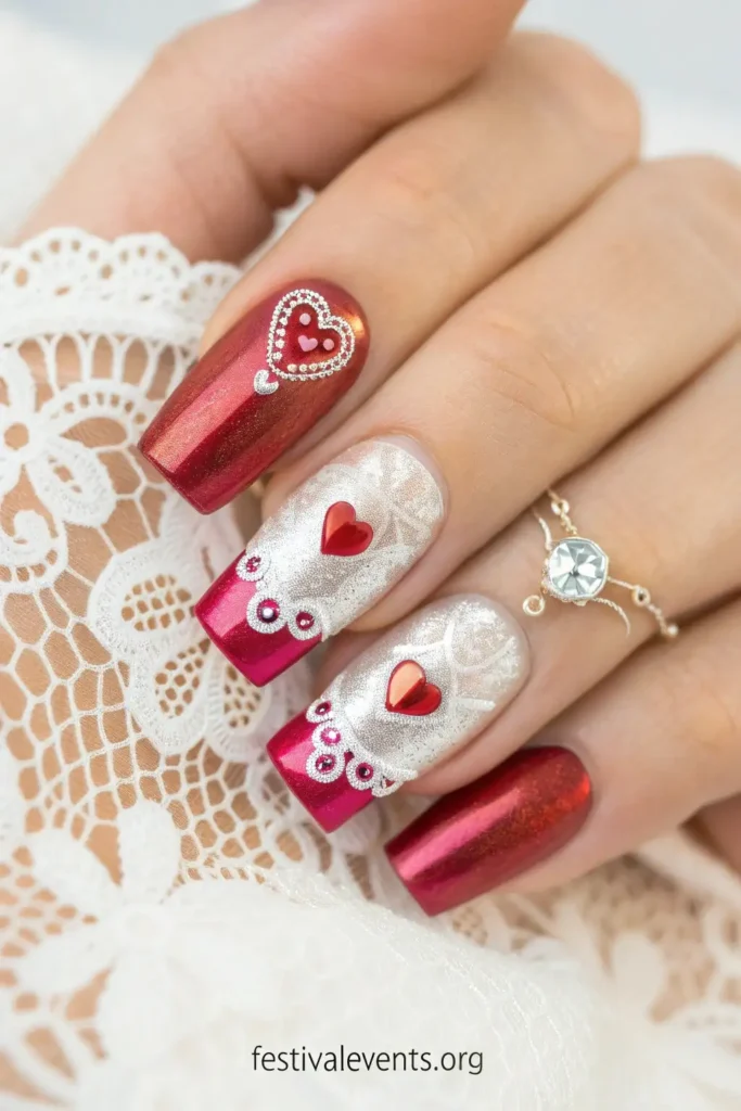 Glamorous Valentine's Day nail design - chrome lace heart art, holographic romantic manicure