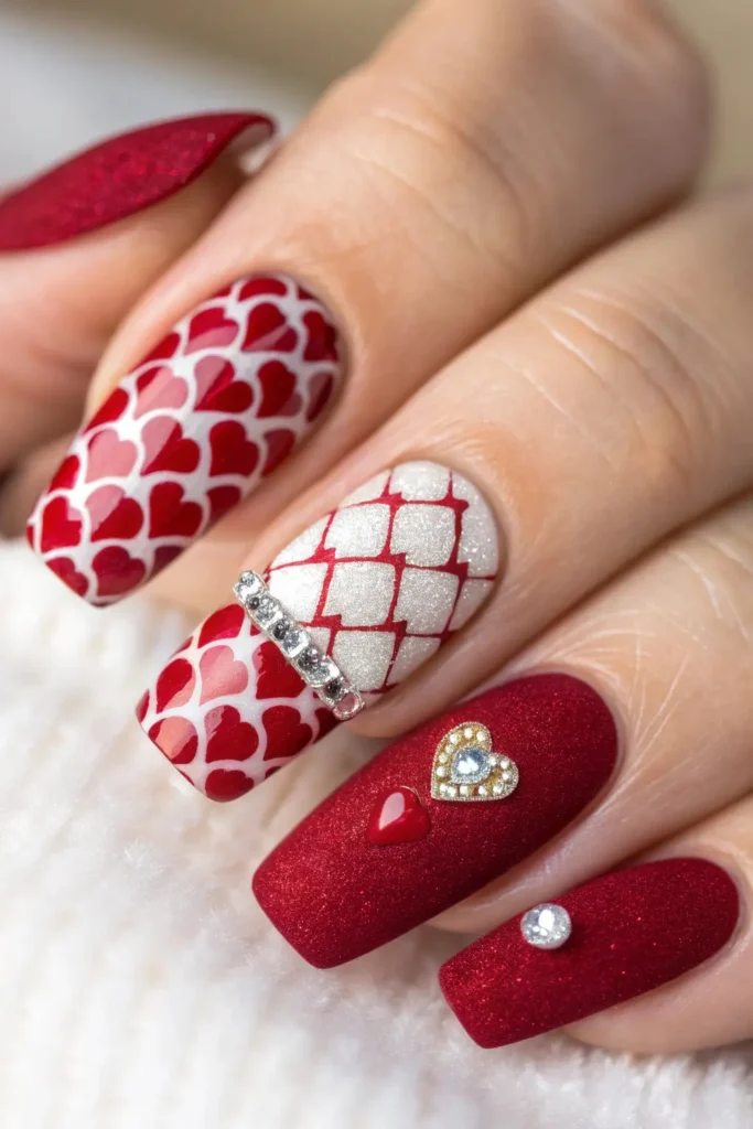 Luxe Valentine's Day nail design - red velvet heart texture, glossy romantic manicure ideas