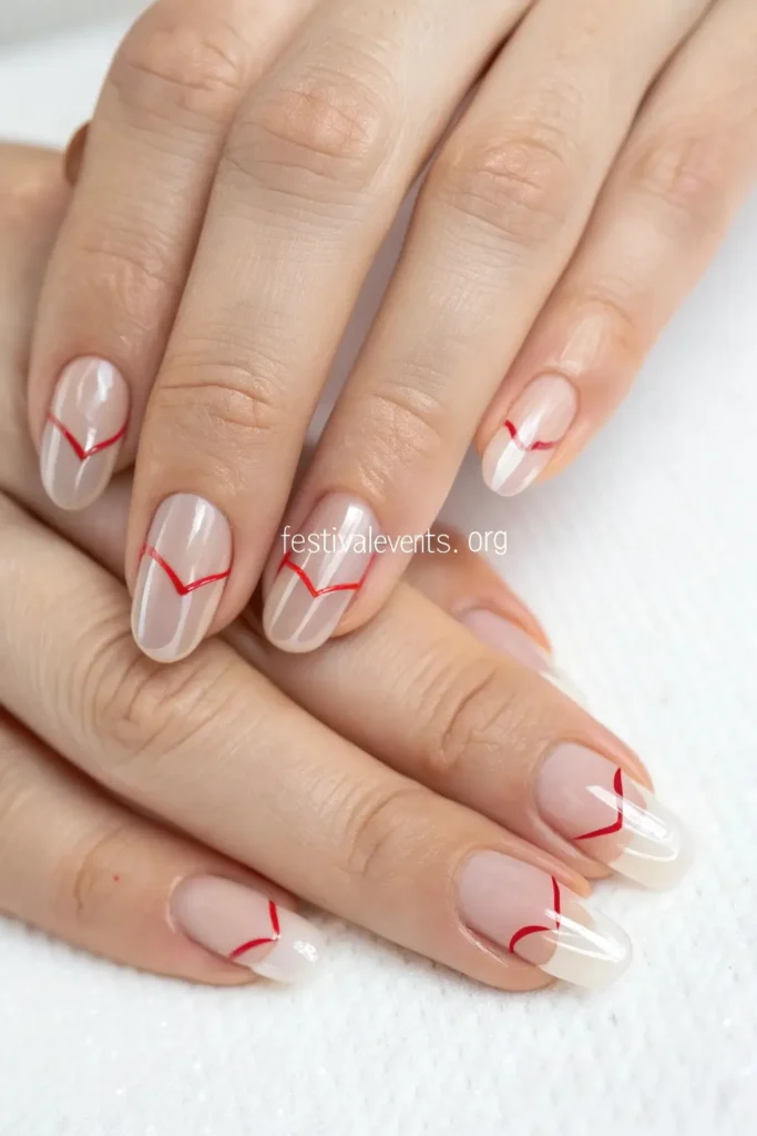 Minimalist Valentine's Day nail art - continuous red heart design, simple elegant love-themed manicure