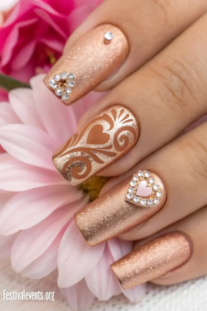Luxury Valentine's Day nail design - 3D rose gold heart manicure, metallic textured romantic nails