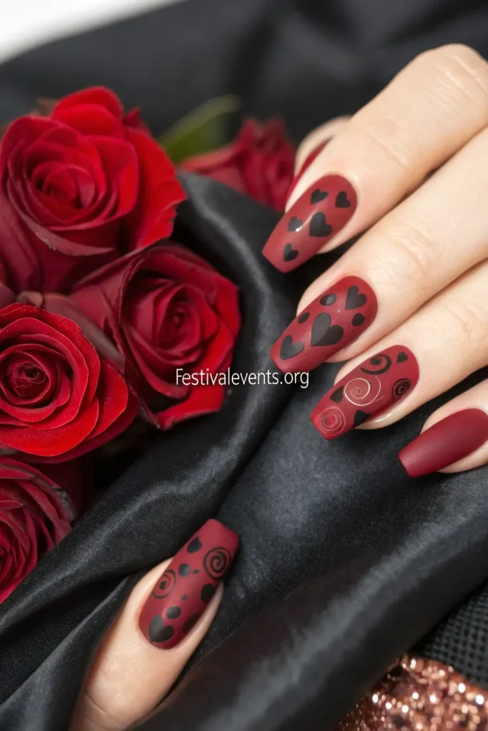Valentine's Day nail art - matte and glossy red heart design, contrasting texture love manicure