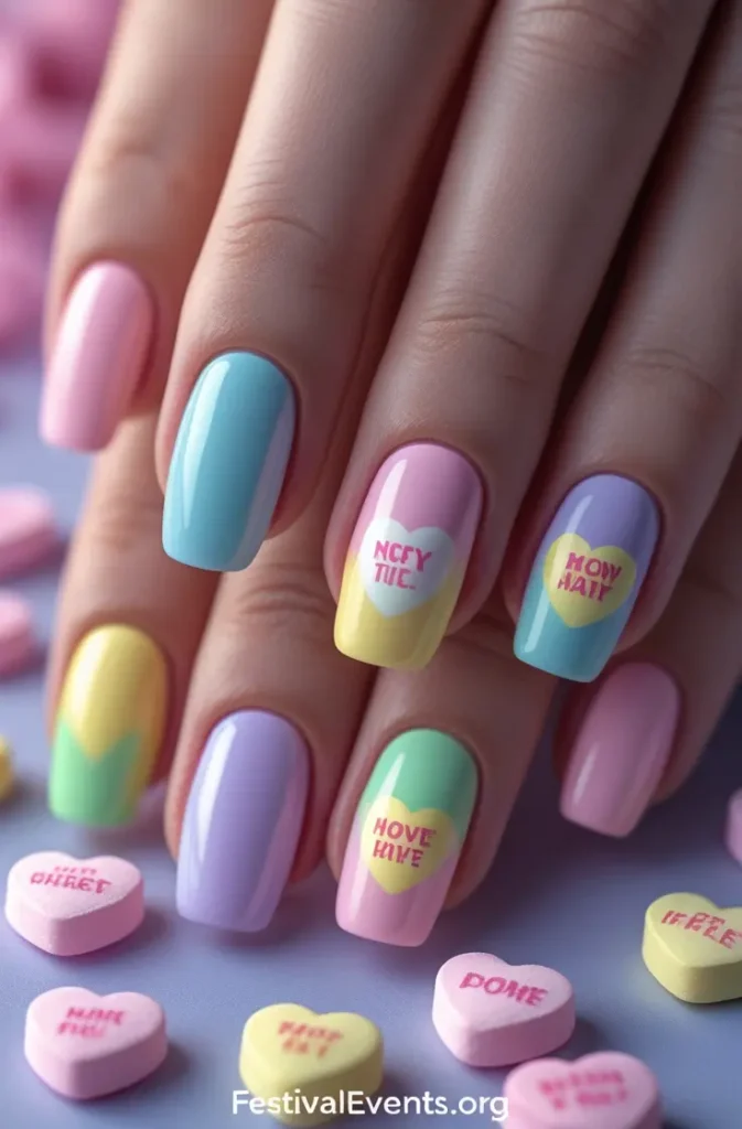 Valentine's Day nail design - conversation heart inspired manicure, pastel love messages nail art
