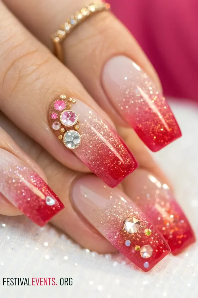 Valentine's Day nail ideas - pink to red gradient design, crystal glitter love-inspired manicure