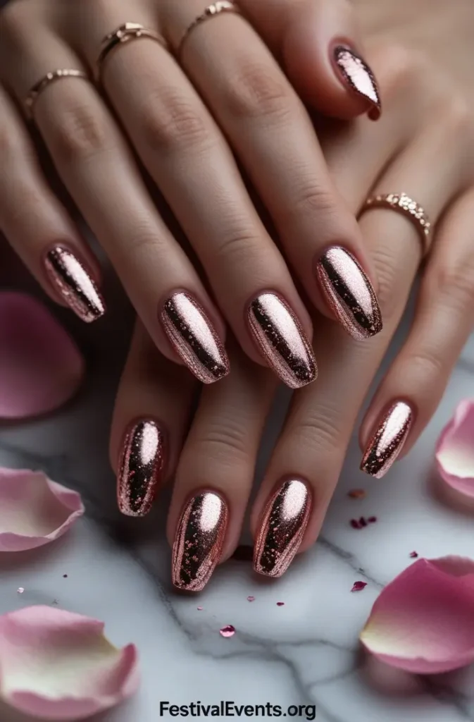 Valentine's Day nail ideas - rose gold metallic heart design, romantic nude glitter manicure for couples
