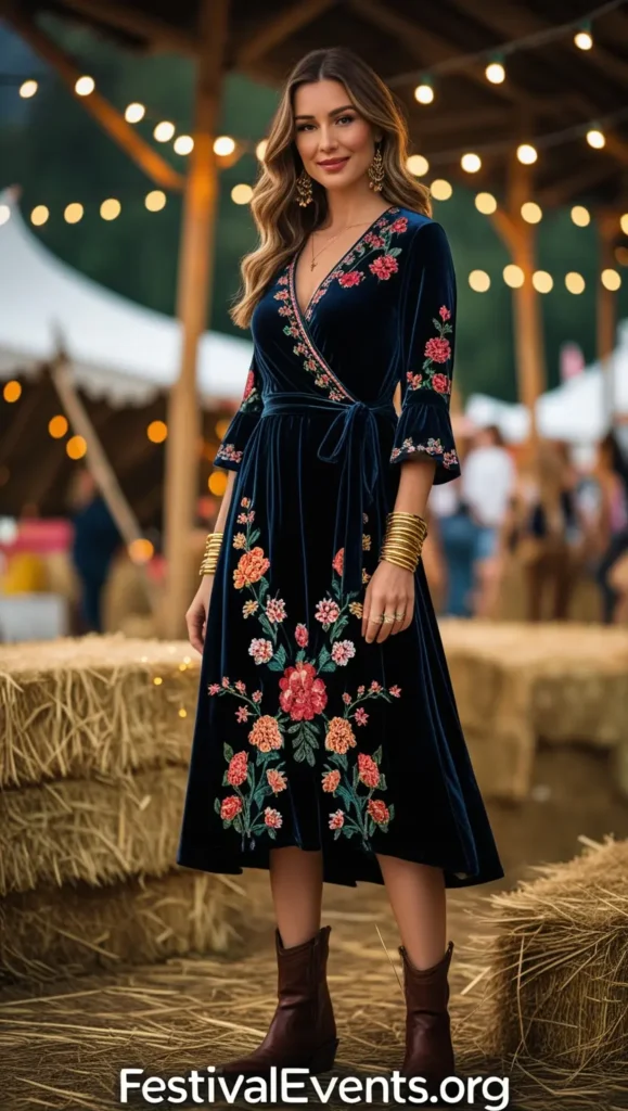 Velvet Wrap Dress with Floral Embroidery