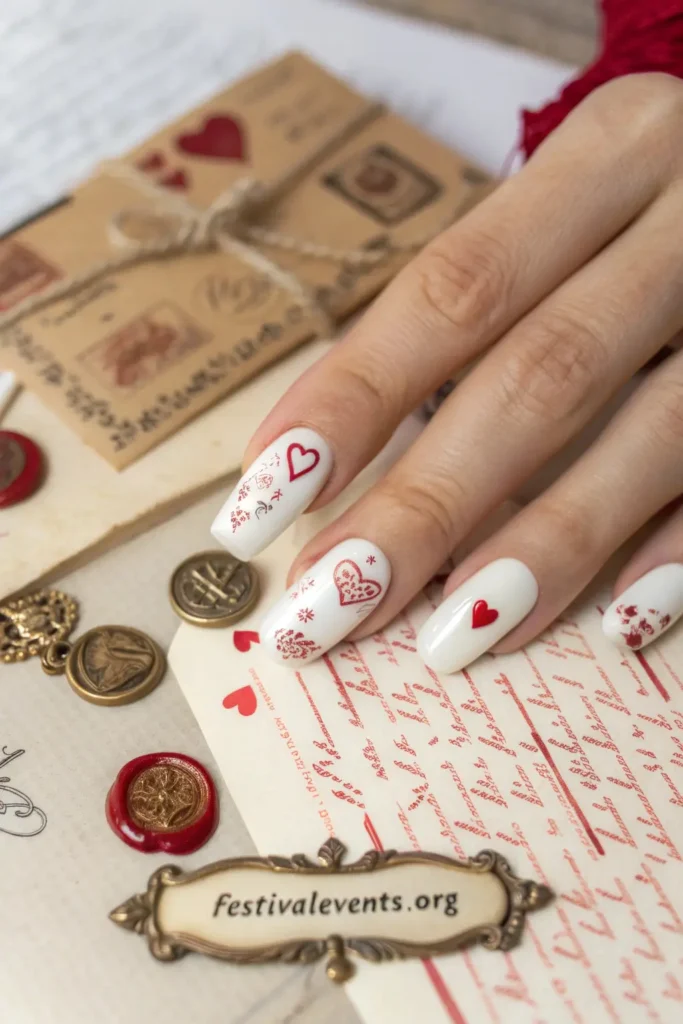 Vintage Valentine's Day nail design - love letter nail art, romantic handwritten message manicure