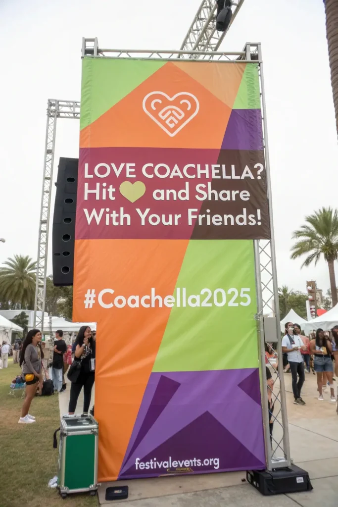 A collage of Coachella 2025 highlights, including music stages, food trucks, and fashion outfits, with the text 'Love Coachella? Hit ❤️ and Share with Your Friends! #Coachella2025.'