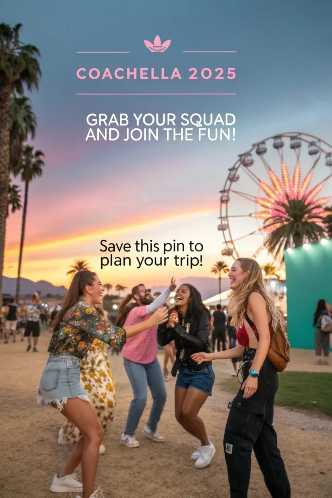 A group of friends dancing at Coachella 2025 with a sunset background and the text 'Coachella 2025, Grab Your Squad and Join the Fun! Save this pin to plan your trip!