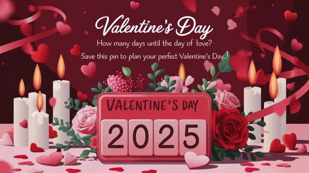 A romantic dinner setup with candles, roses, and a Valentine’s Day 2025 countdown banner, ideal for planning a special celebration