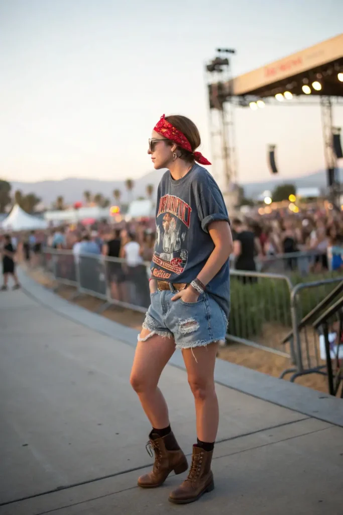 Casual band tee and cutoffs outfit for Barefoot Country Music Fest featuring comfortable footwear and practical accessories for full-day wear.