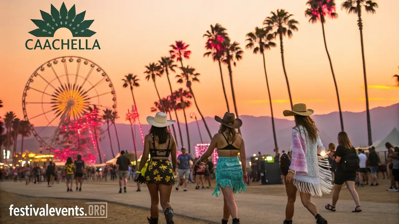 Celebrities at Coachella: Kendall Jenner, Rihanna, and Vanessa Hudgens in stylish festival outfits enjoying the vibrant desert music festival with palm trees, art installations, and a glowing sunset.