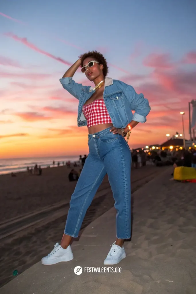 Comfortable high-waisted jeans and crop top combination for Barefoot Country Music Fest featuring practical layering for changing temperatures.