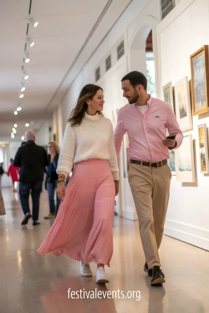 Couple in coordinated pink and neutral Valentine's Day outfits