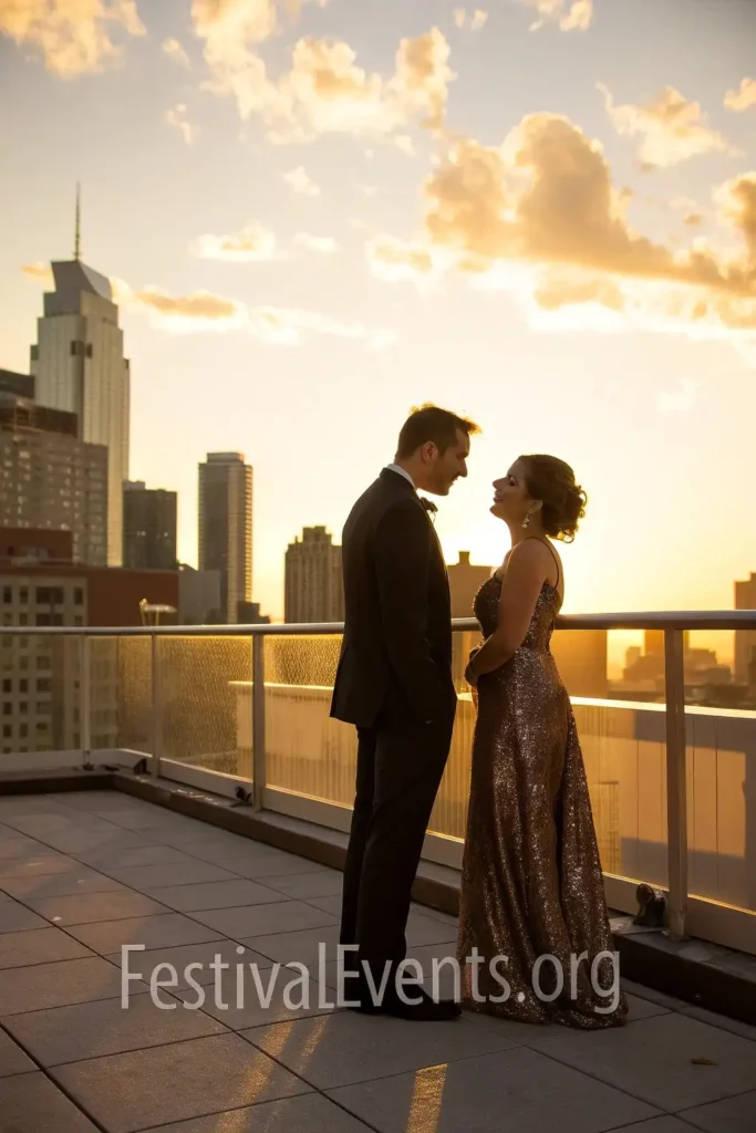 Couple in coordinated sunset-toned Valentine's Day outfits