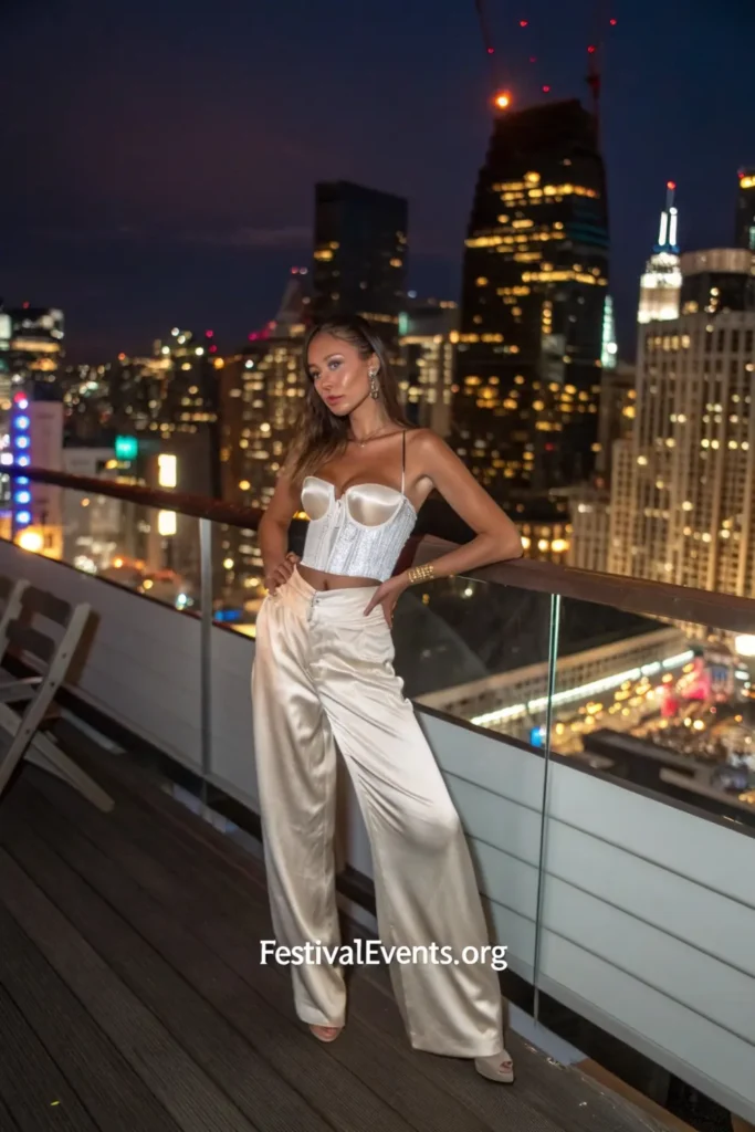 Cute Valentines outfits for women - corset top and wide-leg pants combo