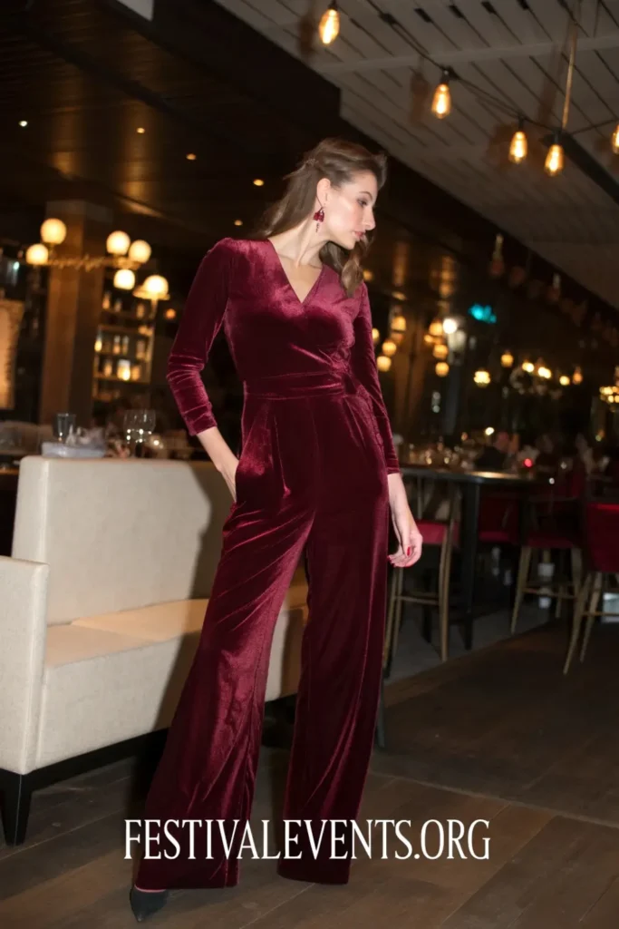 Cute Valentines outfits for women - velvet jumpsuit for evening date