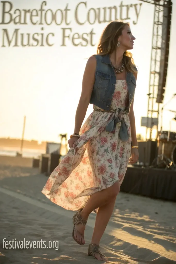 Flowy sundress outfit for Barefoot Country Music Fest combining comfort and style with practical layering for changing weather conditions