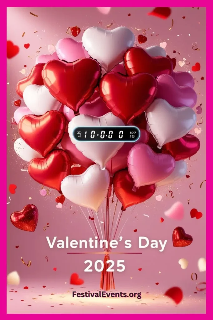 Heart-shaped balloons and a countdown timer for Valentine’s Day 2025, creating a festive and romantic atmosphere for the day of love