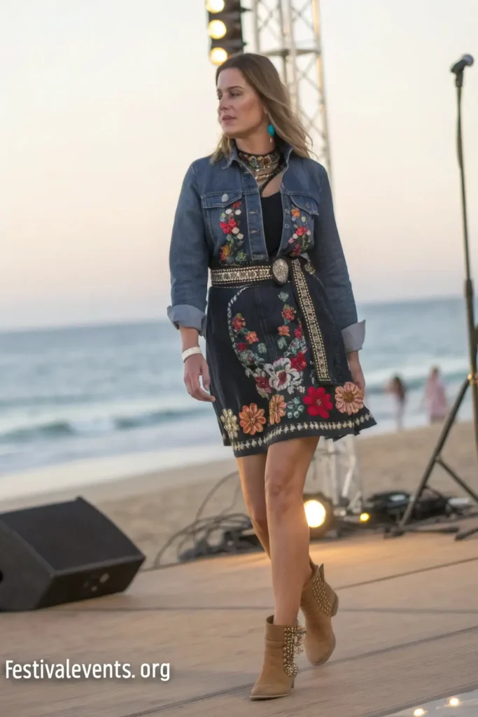 Nashville-inspired dress outfit for Barefoot Country Music Fest featuring western details and practical styling for comfort and movement.