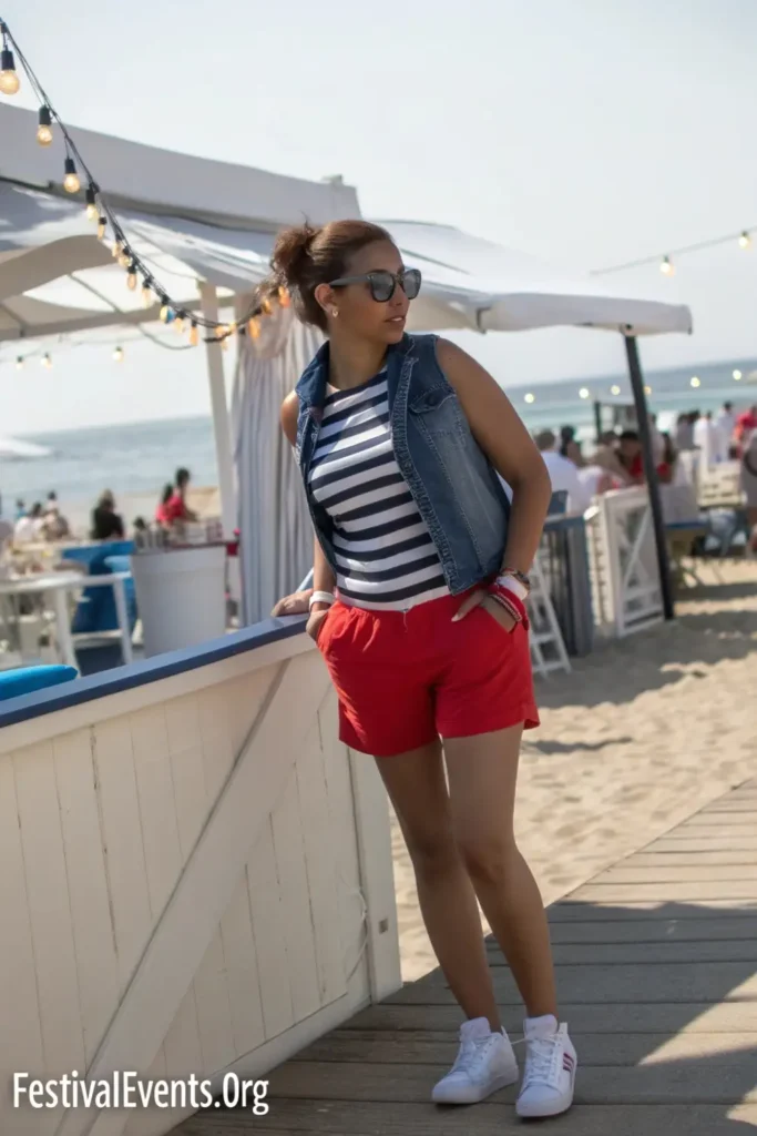 Patriotic-inspired outfit for Barefoot Country Music Fest featuring comfortable separates and practical footwear for all-day festival enjoyment.