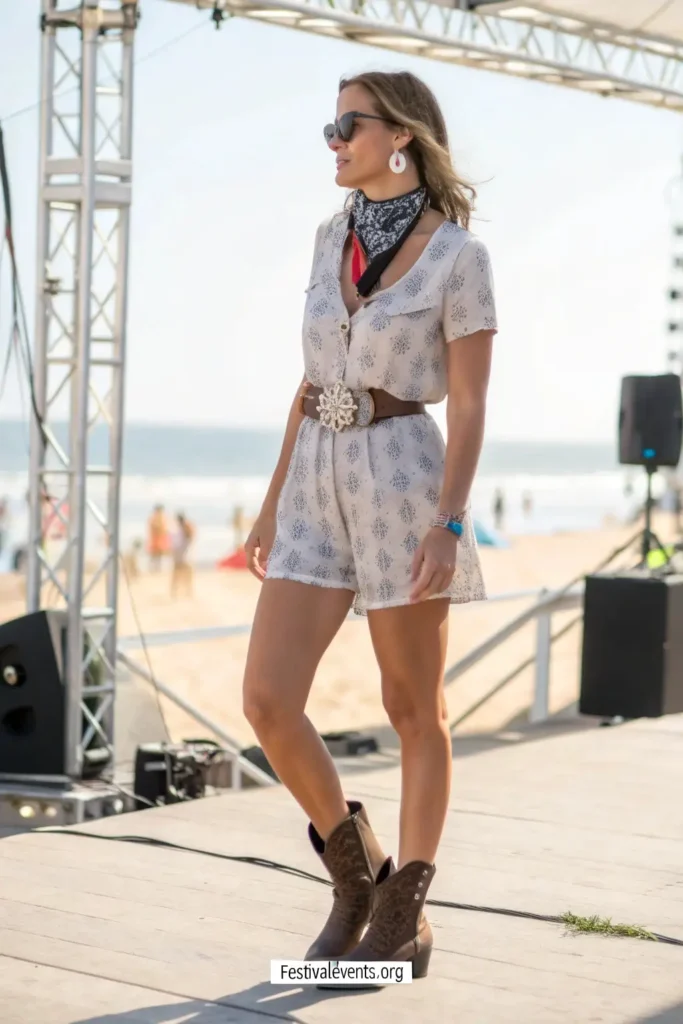 Practical romper outfit for Barefoot Country Music Fest featuring western booties and accessories perfect for all-day comfort and country style