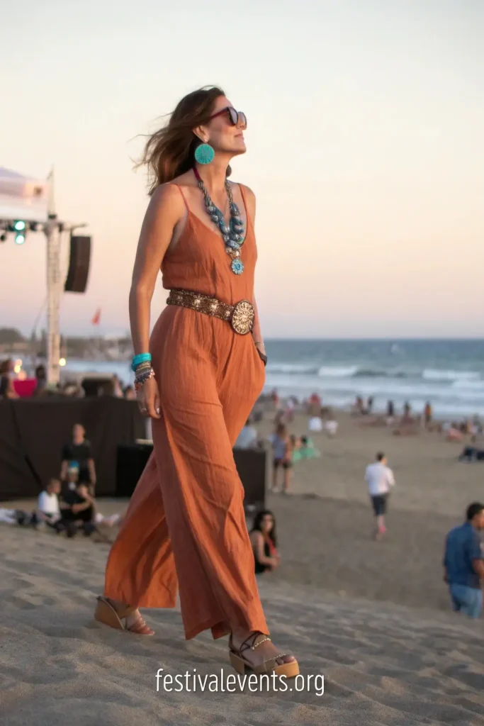 Stylish jumpsuit outfit for Barefoot Country Music Fest featuring western accessories and practical footwear for beach terrain.
