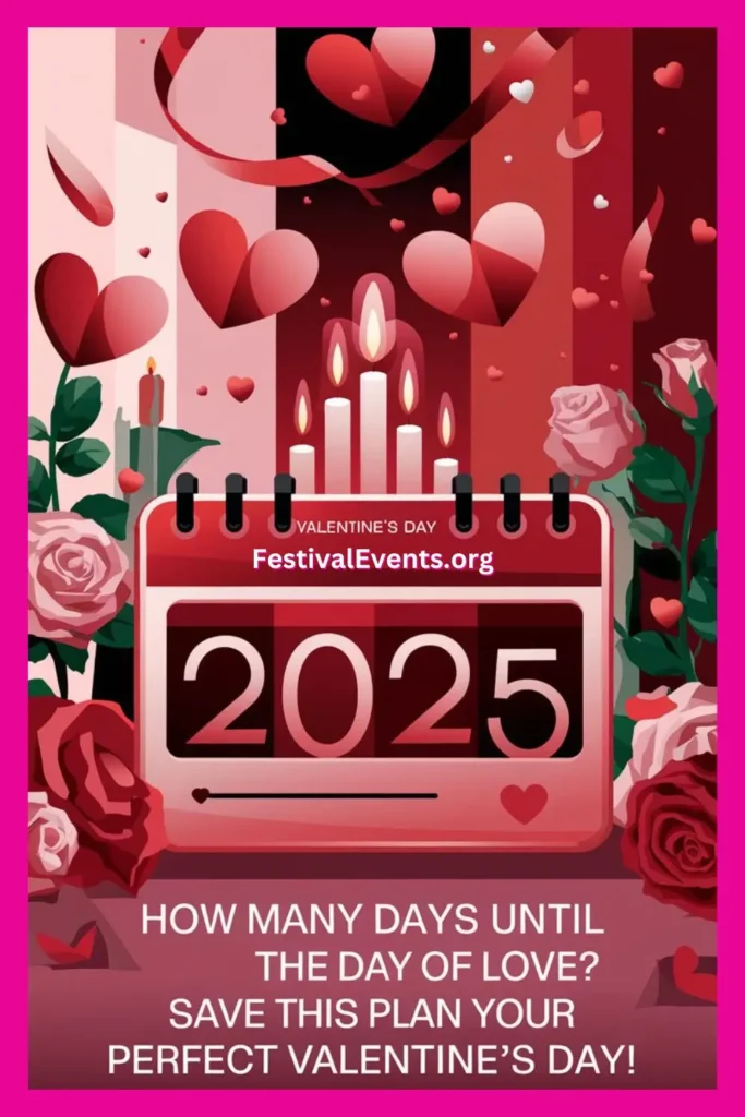 Valentine’s Day 2025 countdown calendar with red roses, heart confetti, and romantic candlelight, perfect for planning the day of love