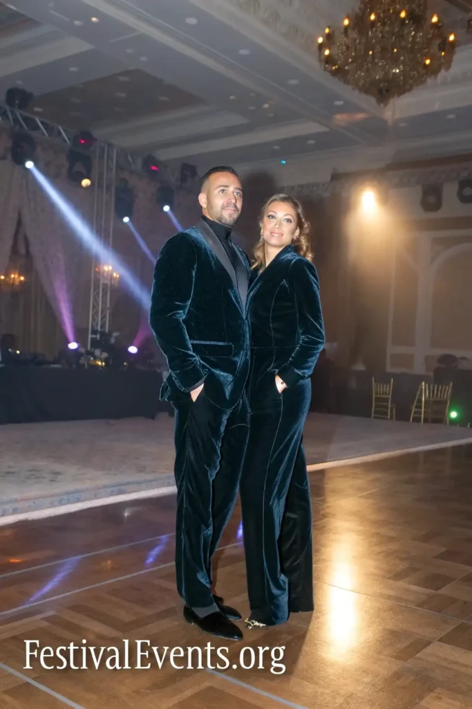 Valentine's Day couple in matching velvet outfits
