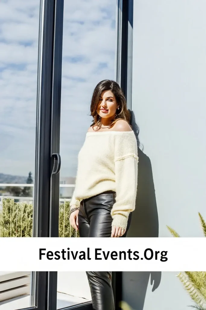 Valentines day outfit ideas - off-shoulder sweater and leather pants combo