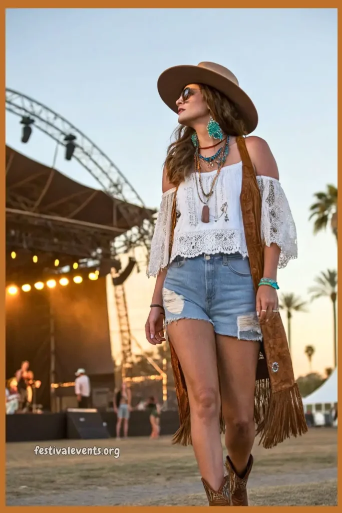 Festival-ready cowgirl outfit with fringed vest