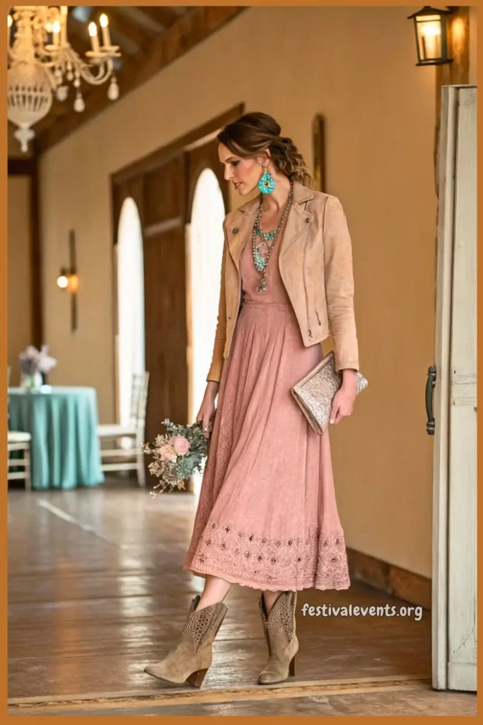 Elegant cowgirl wedding guest outfit with boots