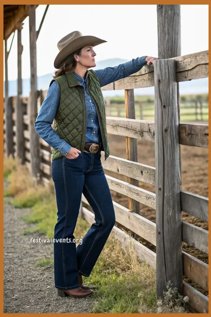 Practical ranch work cowgirl outfit with vest
