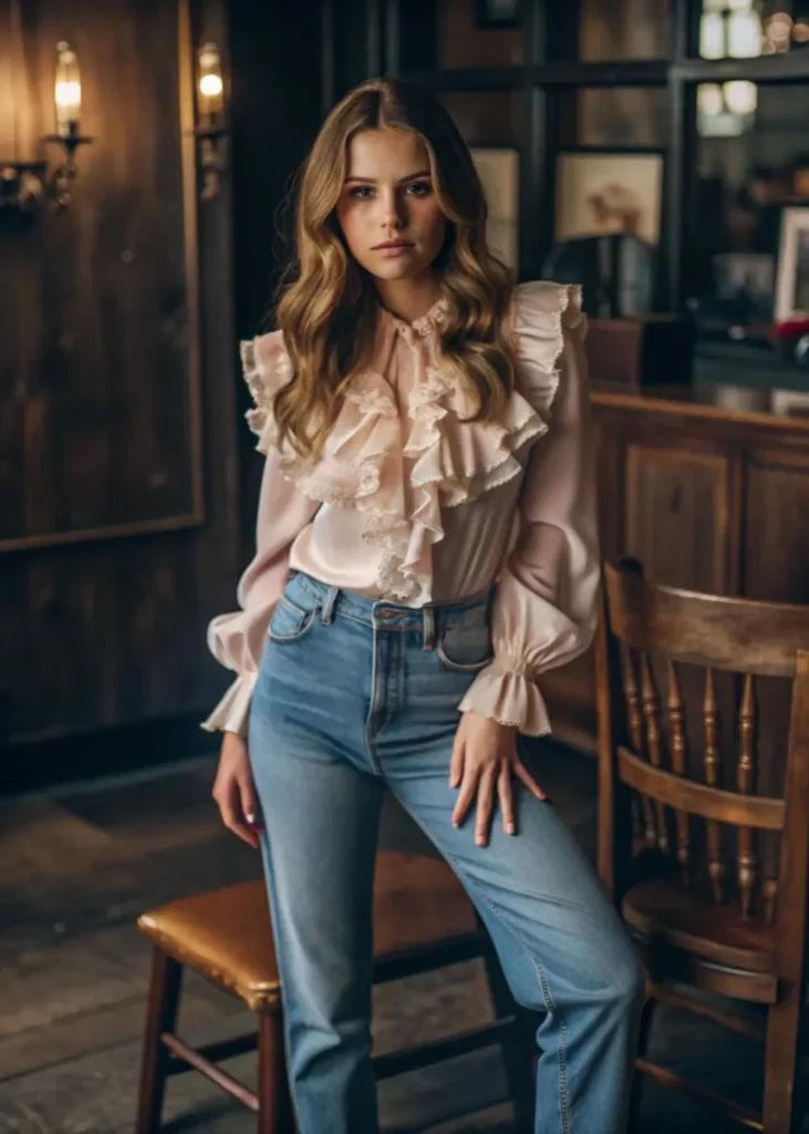 Ruffled Blouse & High-Waisted Jeans
