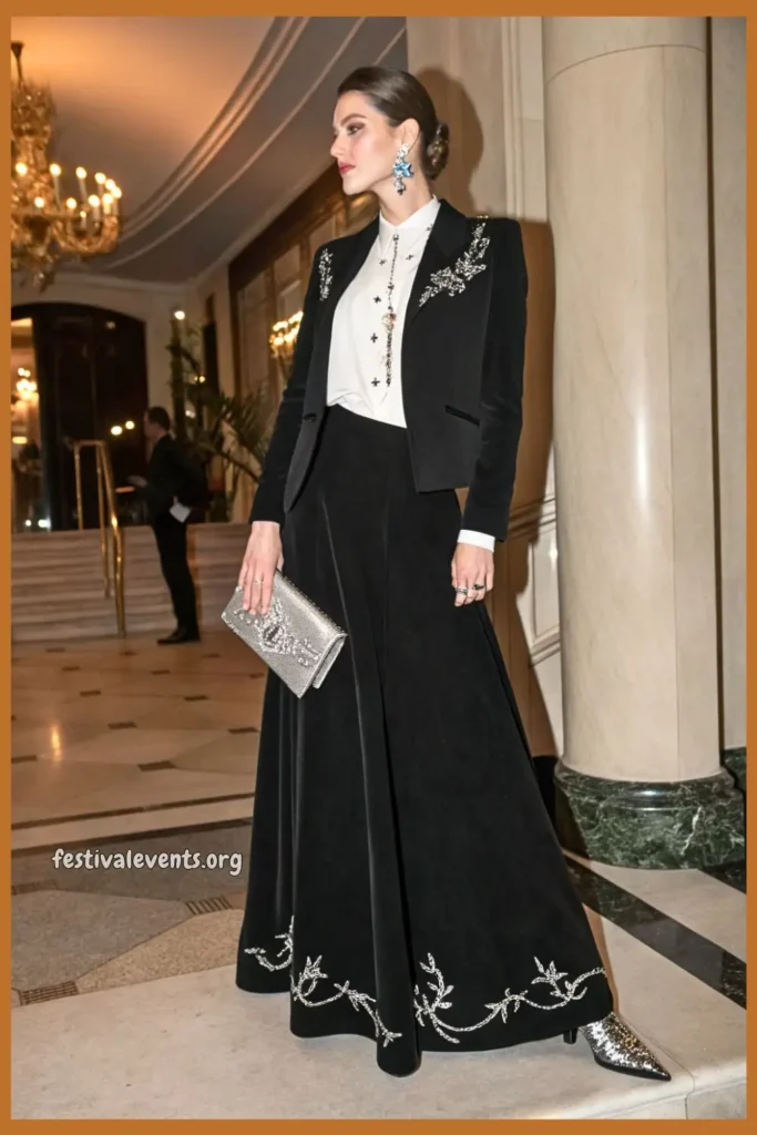 Formal western attire with elegant skirt and blouse