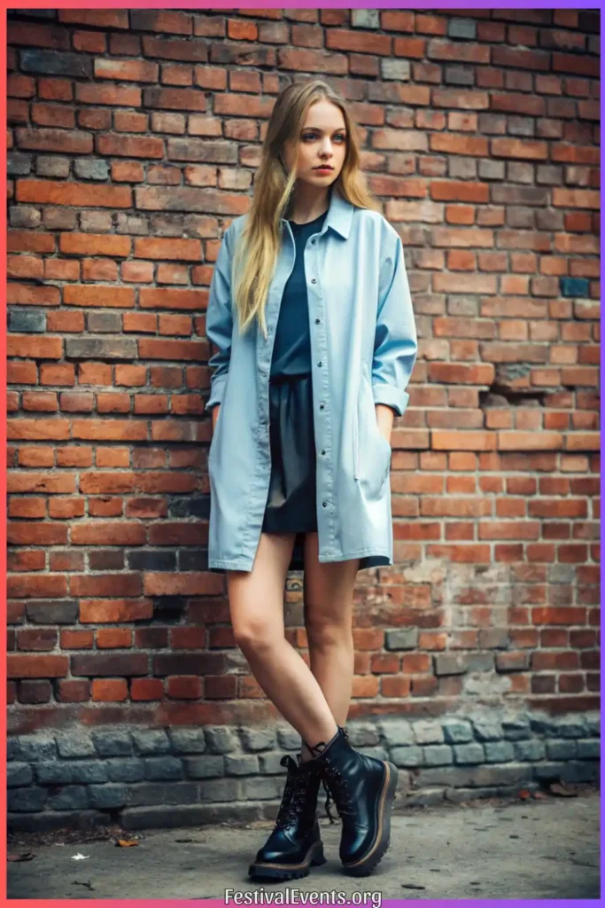 Spring layered outfit with shacket and t-shirt dress, perfect for transitional spring weather when temperatures fluctuate.