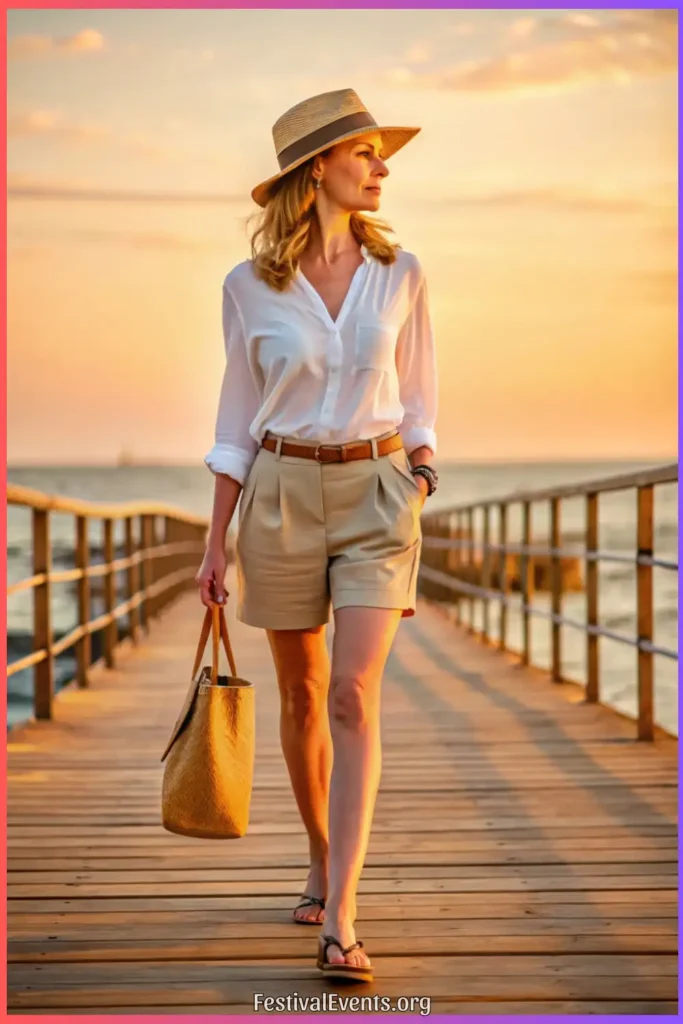 Spring outfit featuring linen shirt and tailored shorts, ideal for warmer days and outdoor activities in spring.