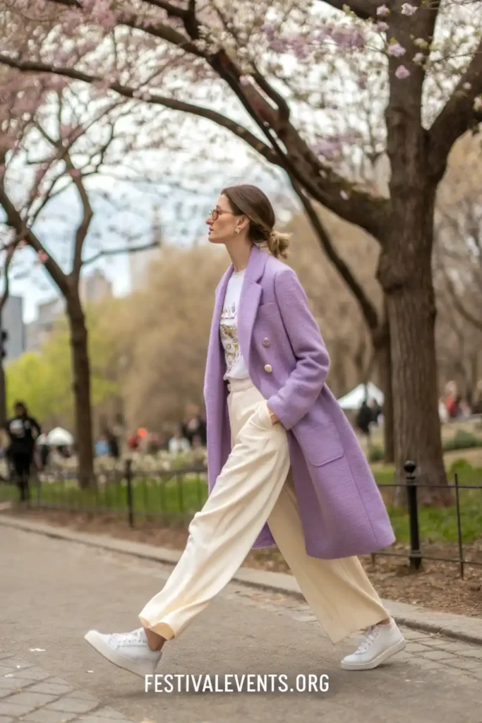 Spring outfit featuring pastel blazer and wide-leg pants, demonstrating how to mix formal and casual pieces for a stylish spring look