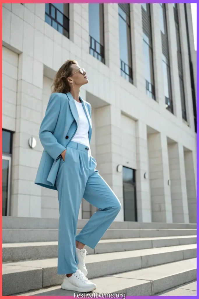 Spring outfit featuring pastel suit with casual elements, demonstrating modern power dressing for spring professional and social occasions.