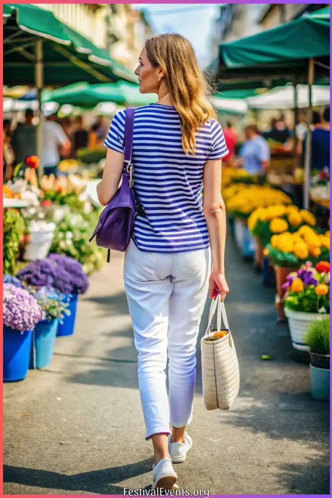 Spring outfit featuring striped tee and colored denim, showcasing how to incorporate seasonal colors into everyday spring outfits.