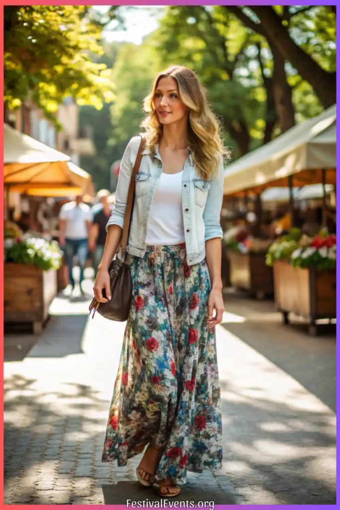 Spring outfit with maxi skirt and denim jacket, ideal for creating effortless bohemian spring looks for outdoor activities.