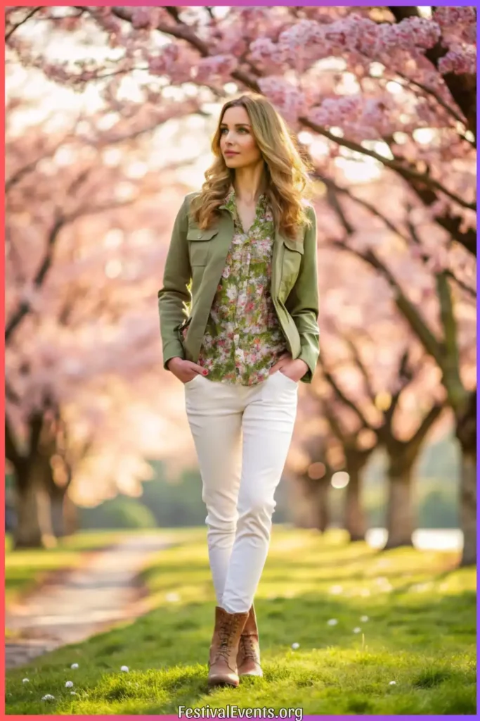 Spring outfit with utility jacket and white jeans, demonstrating practical layering for variable spring weather conditions.